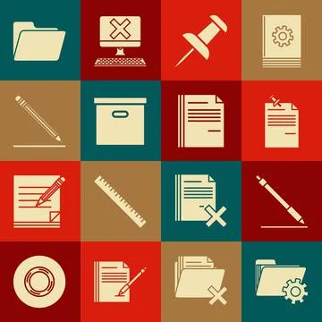 Set Folder settings with gears, Pen line, Note paper pinned pushbutton, Push Stock Illustration