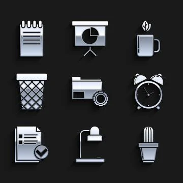 Set Folder settings with gears, Table lamp, Cactus and succulent pot, Alarm Stock Illustration