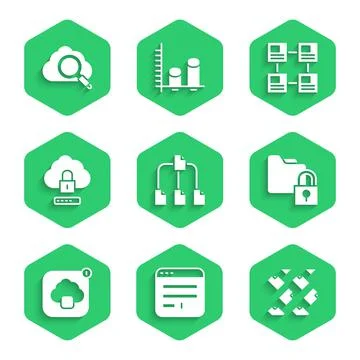 Set Folder tree, Browser window, Data stream, and lock, Cloud technology data Stock Illustration