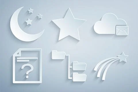 Set Folder tree, Cloud mail server, Unknown document, Falling star, Star and Stock Illustration