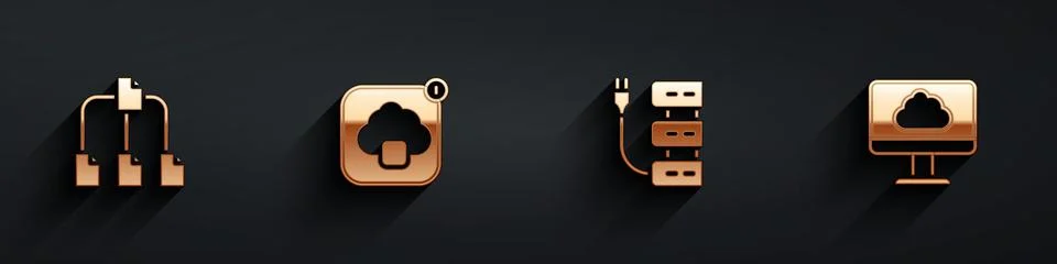 Set Folder tree, Cloud technology data transfer, Server and icon with long Stock Illustration