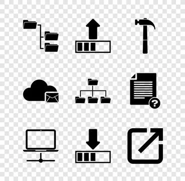 Set Folder tree, Loading, Hammer, Computer network, and Open new window icon Stock Illustration