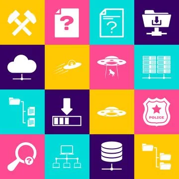 Set Folder tree, Police badge, Server, Data, Web Hosting, Unknown document, UFO Illustrazione stock