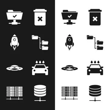 Set Folder tree, Rocket ship with fire, FTP operation successful, Trash can, UFO Stock-Illustration