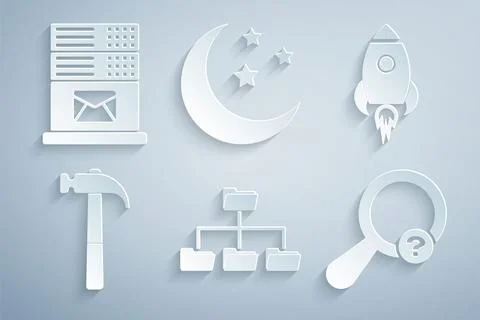 Set Folder tree, Rocket ship with fire, Hammer, Unknown search, Moon and stars Illustrazione stock