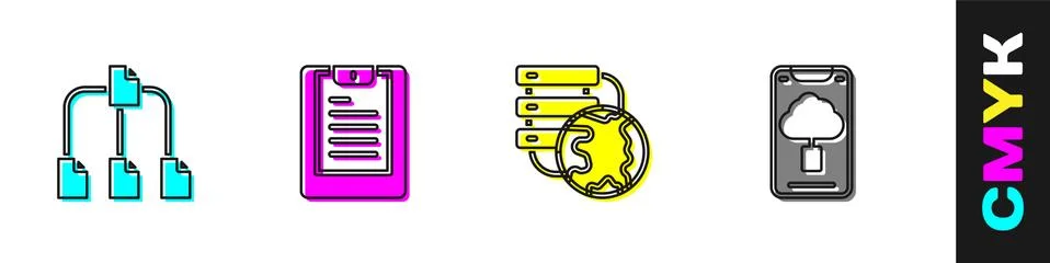 Set Folder tree, Server, Data report, Network cloud connection and Cloud Stock Illustration