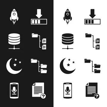 Set Folder tree, Server, Data, Web Hosting, Rocket ship with fire, Loading, Moon Stock Illustration