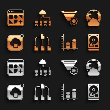 Set Folder tree, Social network, Hard disk drive HDD, Data analysis, Cloud Stock Illustration