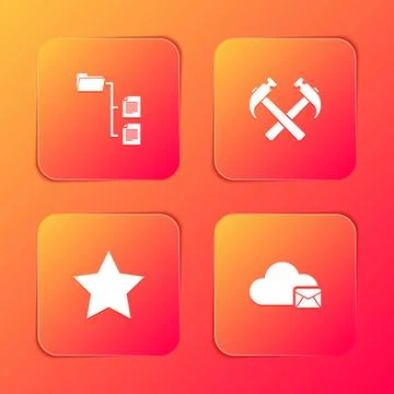 Set Folder tree, Two crossed hammers, Star and Cloud mail server icon. Vector Illustrazione stock
