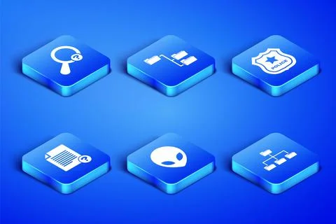 Set Folder tree, Unknown search, Alien, document, and Police badge icon. Vector Stock Illustration