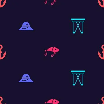 Set Folding chair, Fisherman hat, Fishing lure and Anchor on seamless pattern Stock Illustration