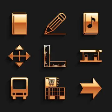 Set Folding ruler, Mall or supermarket building, Arrow, Gas filling station, Bus Ilustración de archivo