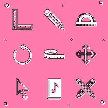 Set Folding ruler, Pencil, Protractor grid, Refresh, Tape measure, Pixel arrows 库存插图