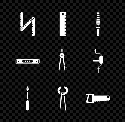 Set Folding ruler, Ruler, Chisel tool for wood, Screwdriver, Pincers and pliers Stock Illustration
