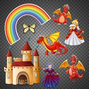 Set of folk fantasy elements isolated on transparent background Stock Illustration