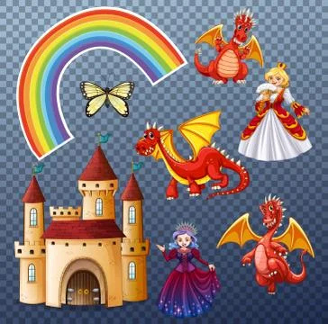 Set of folk fantasy elements isolated on transparent background Stock Illustration