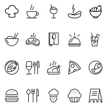 Set of food and restaurant related vector line icons. Stock Illustration