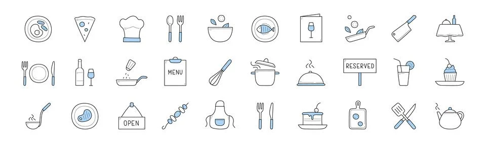 Set food cooking and chef restaurant doodle icons Stock Illustration