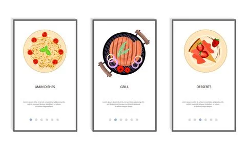 Set of food menu mobile app. Order food online, booking and home delivery ser Stock Illustration
