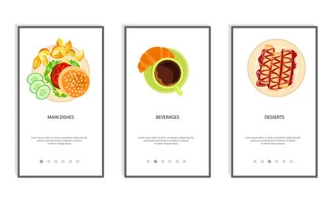 Set of food menu mobile app. Order food online, booking and home delivery ser Stock Illustration