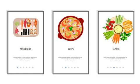 Set of food menu mobile app. Order food online, booking and home delivery ser Stock Illustration