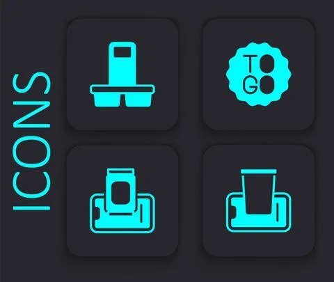 Set Food ordering on mobile, Coffee cup to go, and icon. Black square button Stock Illustration
