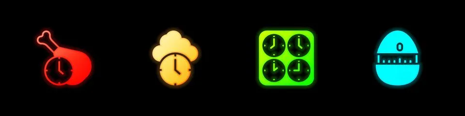 Set Food time, Clock, Time zone clocks and Kitchen timer icon. Vector 库存插图
