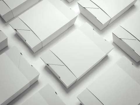 Set of foodboxes with blank labels in studio. 3d rendering Stockillustratie