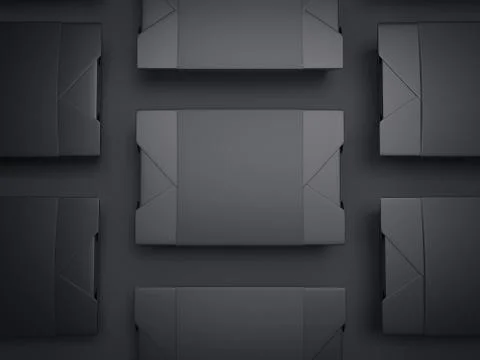 Set of foodboxes with labels in dark studio. 3d rendering Stock Illustration