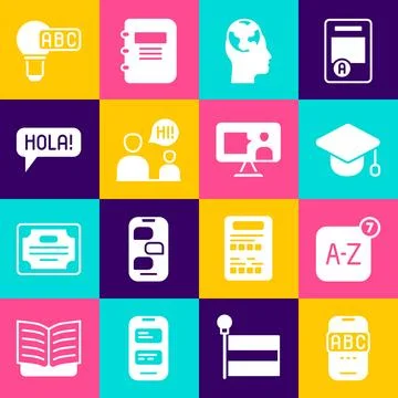 Set Foreign language online study, Online translator, Graduation cap, Learn.. Illustrazione stock