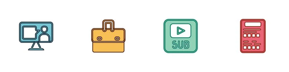 Set Foreign language online study, Briefcase, Video with subtitles and Exam.. Stock Illustration