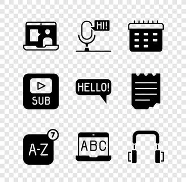 Set Foreign language online study, Microphone voice device, School timetabl.. Stock Illustration