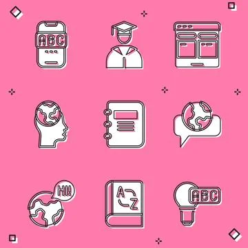Set Foreign language online study, Graduate and graduation cap, Online tran.. Stock Illustration