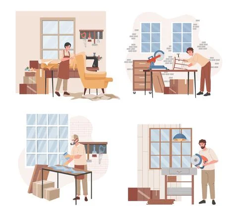 Set of foremen making furniture vector flat illustration. Carpenters making Stock Illustration