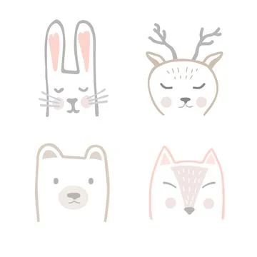 Set of forest animals in hand drawn Scandinavian style. Cartoon vector Stock Illustration