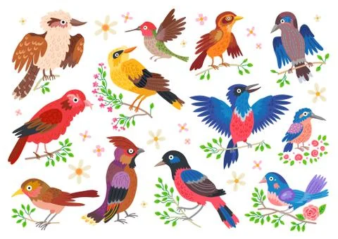 Set of forest birds. Vector cartoon songbirds Illustrazione stock