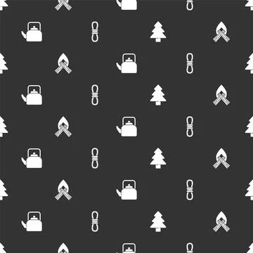 Set Forest, Campfire, Kettle with handle and Climber rope on seamless pattern Stock Illustration