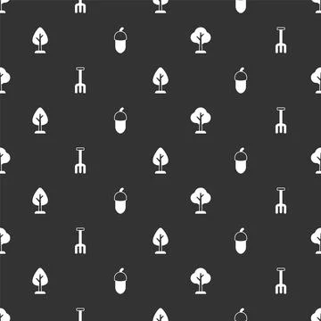 Set Forest, Garden rake, and Acorn on seamless pattern. Vector Illustrazione stock