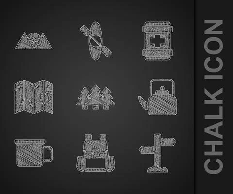 Set Forest, Hiking backpack, Road traffic signpost, Kettle with handle, Camping Illustration