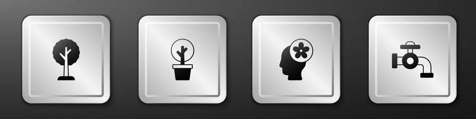 Set Forest, , Human head with flower inside and Water tap icon. Silver square Illustration