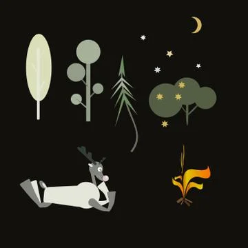 Set of forest trees with deer and bonfire.A deer lies by the fire. Stock Illustration