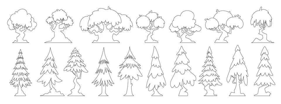 Set of forest trees of various interesting shapes, icons of sow, spruce, smal Stock Illustration