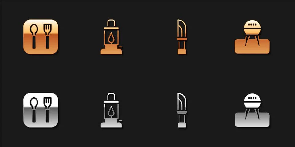 Set Fork and spoon, Camping lantern, Knife and Barbecue grill icon. Vector イラスト素材