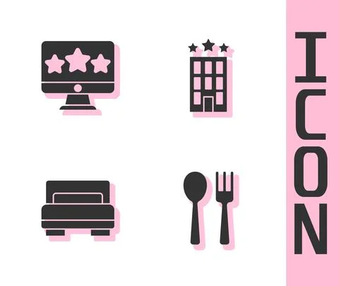 Set Fork and spoon, Five stars rating review, Hotel room bed and building icon Ilustración de archivo
