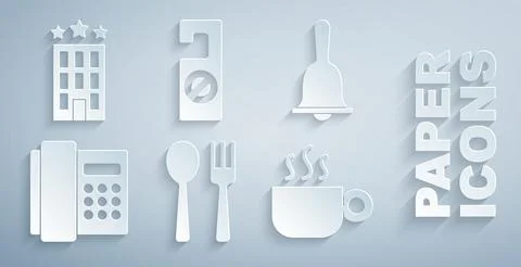 Set Fork and spoon, Hotel service bell, Telephone handset, Coffee cup, Please do Ilustración de archivo