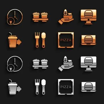 Set Fork and spoon, Online ordering delivery, burger, Pizza cardboard box, .. Stock Illustration