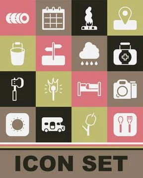 Set Fork and spoon, Photo camera, First aid kit, Campfire, Road traffic sign Illustration