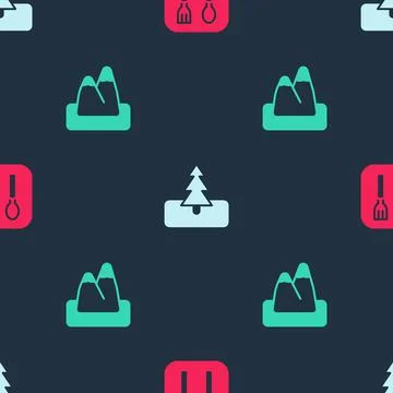 Set Fork and spoon, Tree and Mountains on seamless pattern. Vector Stock Illustration
