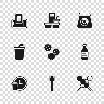 Set Fork, Bottle of water, Meatballs on wooden stick, Cookie biscuit, Onlin.. Stock Illustration