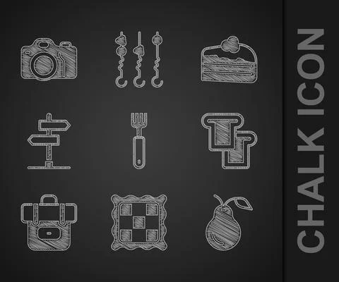 Set Fork, Checkered napkin, Pear, Bread toast, Hiking backpack, Road traffic Illustrazione stock